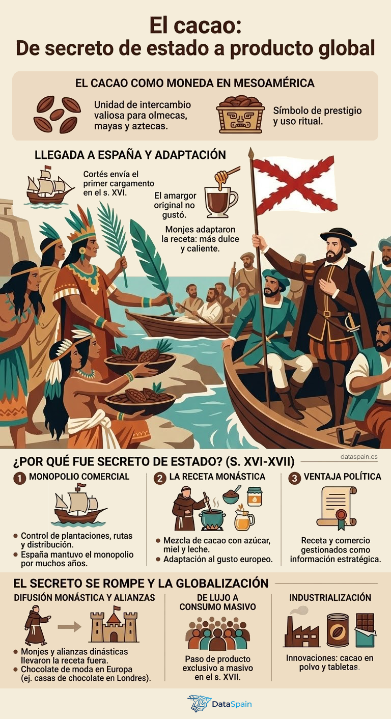 Infografía del Secreto del Cacao: Cómo España monopolizó el chocolate global