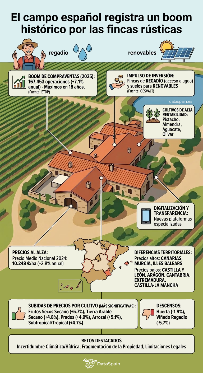 Infografía de la Inversión en Fincas Rústicas en España 2026: Precios y Tendencias del Mercado