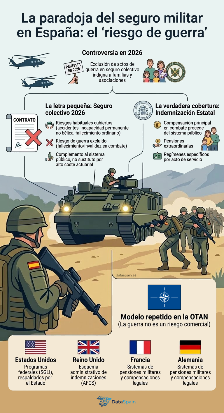Infografía del Seguro Militar en España: Polémica por el riesgo de guerra