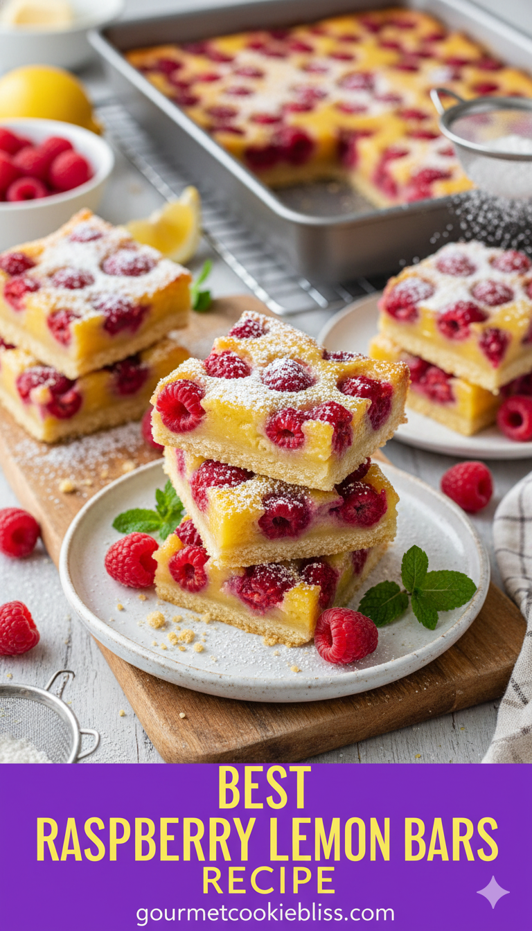 A close-up overhead shot of moist and chewy raspberry lemon bars on a white plate, topped with fresh