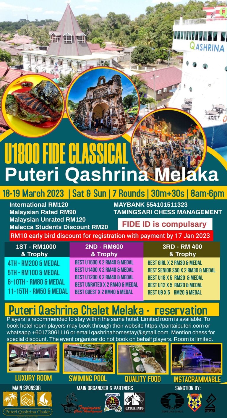 Puteri Qashrina Chalet Melaka U1800 FIDE Classical. Malaysia Chess. Catur Malaysia. 