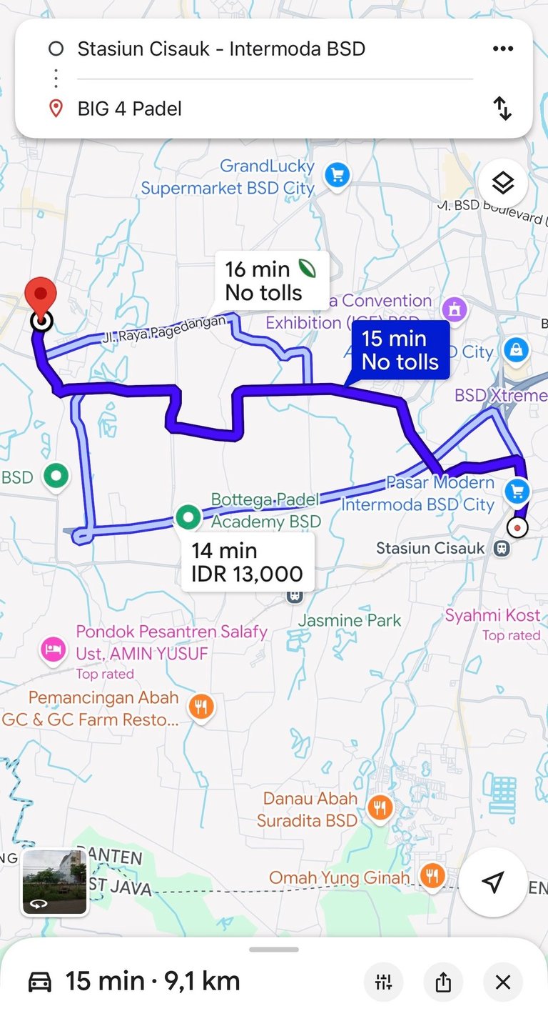 jarak waktu tempuh dari stasiun cisauk intermoda bsd ke big4padel