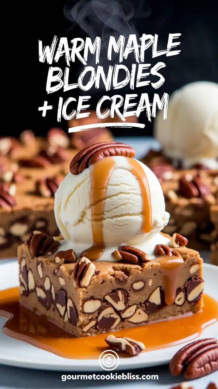 Warm maple pecan blondie topped with vanilla ice cream and syrup drizzle.