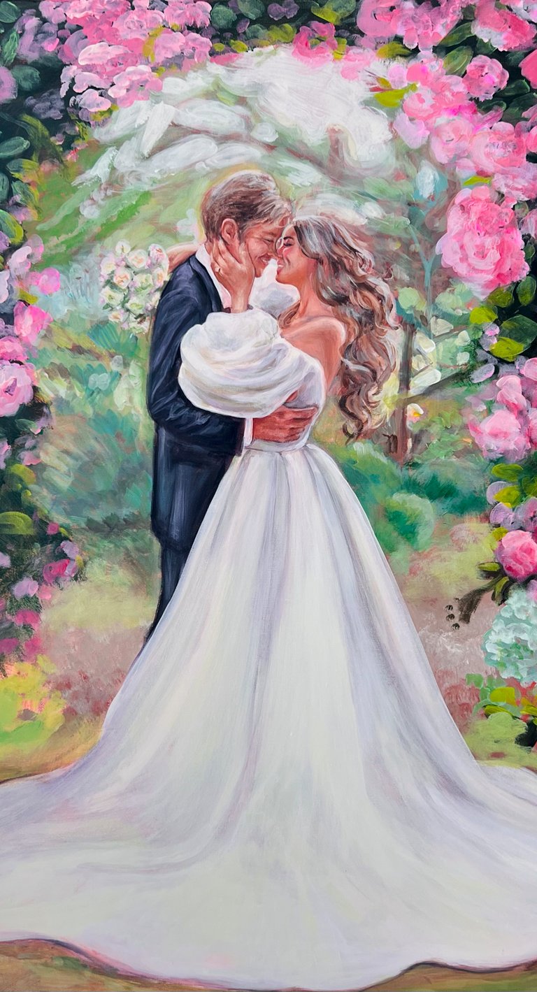 Live Wedding Painting, Couple looking tenderly at each other on their wedding day just before kiss