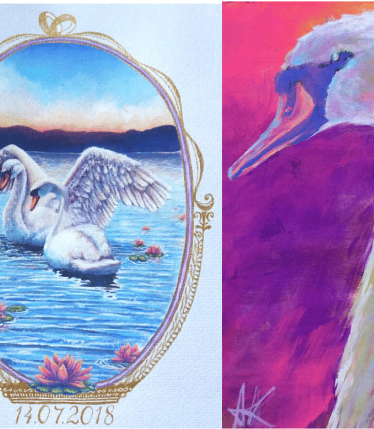 colorful gouache painting of a swans