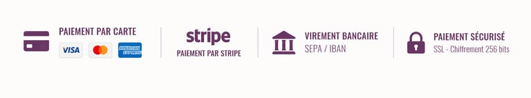 Paiements disponibles : carte, Stripe, virement bancaire et paiement sécurisé