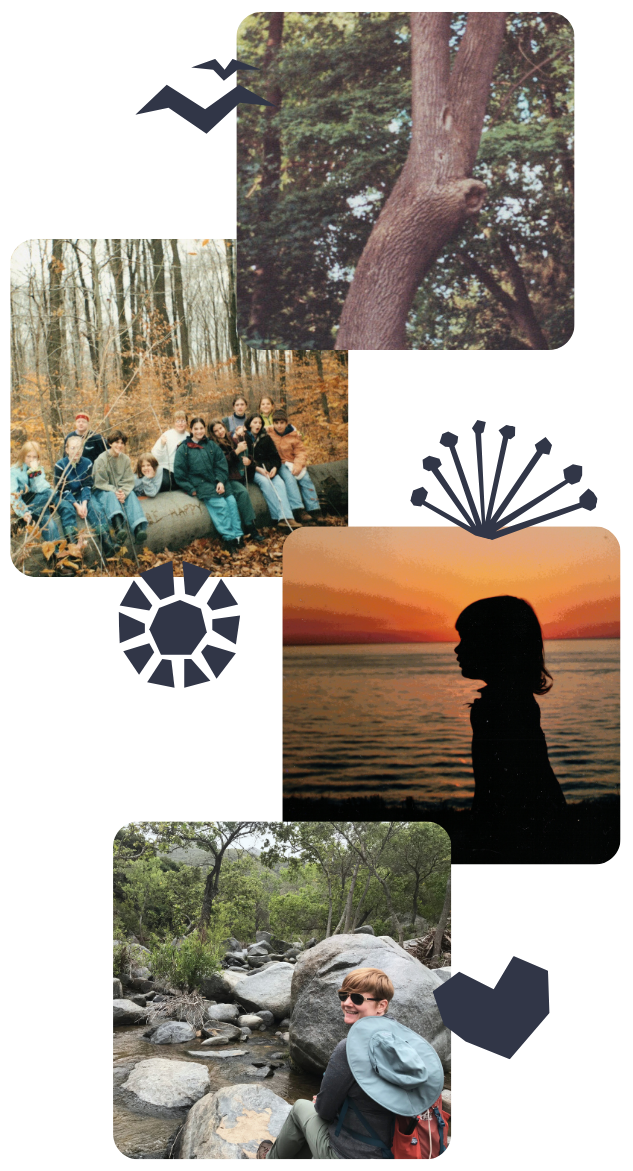 Four images stacked: a tree, a group of girls outdoors, silhouette of a girl, and a woman sitting on rocks.