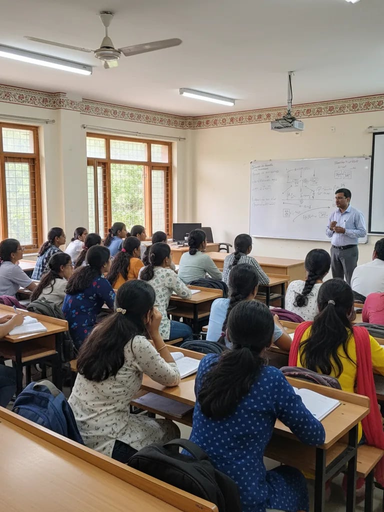 Teacher explaining C programming concepts to students in a classroom with projector