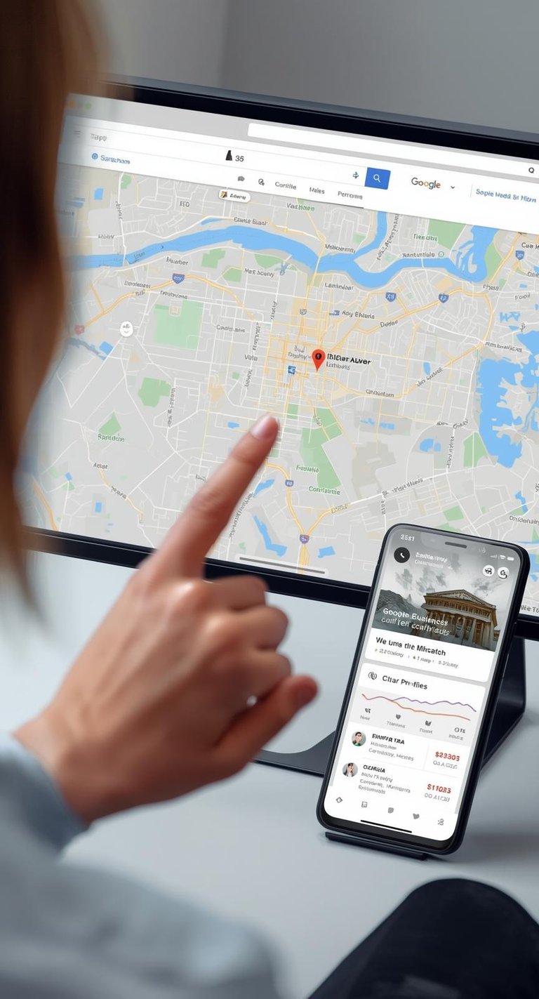Mapa do Google com empresa destacada e painel de SEO local aberto