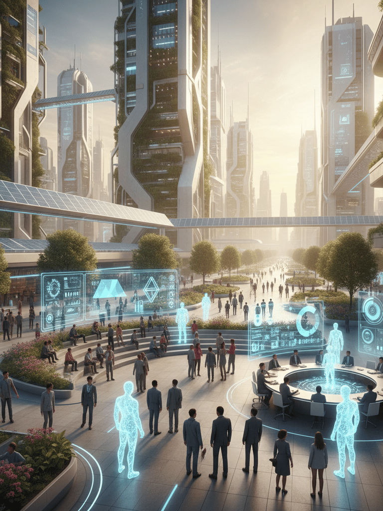 AI agents portrayed as responsible digital citizens working alongside humans in future societies.