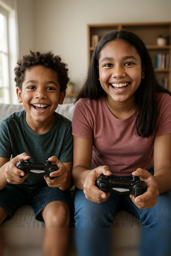 Une soeur et son frère jouent à la console pour le National vidéo game day.