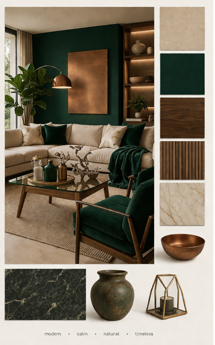 Modern natural luxury living room mood board with deep green accents, copper wall feature, warm wood