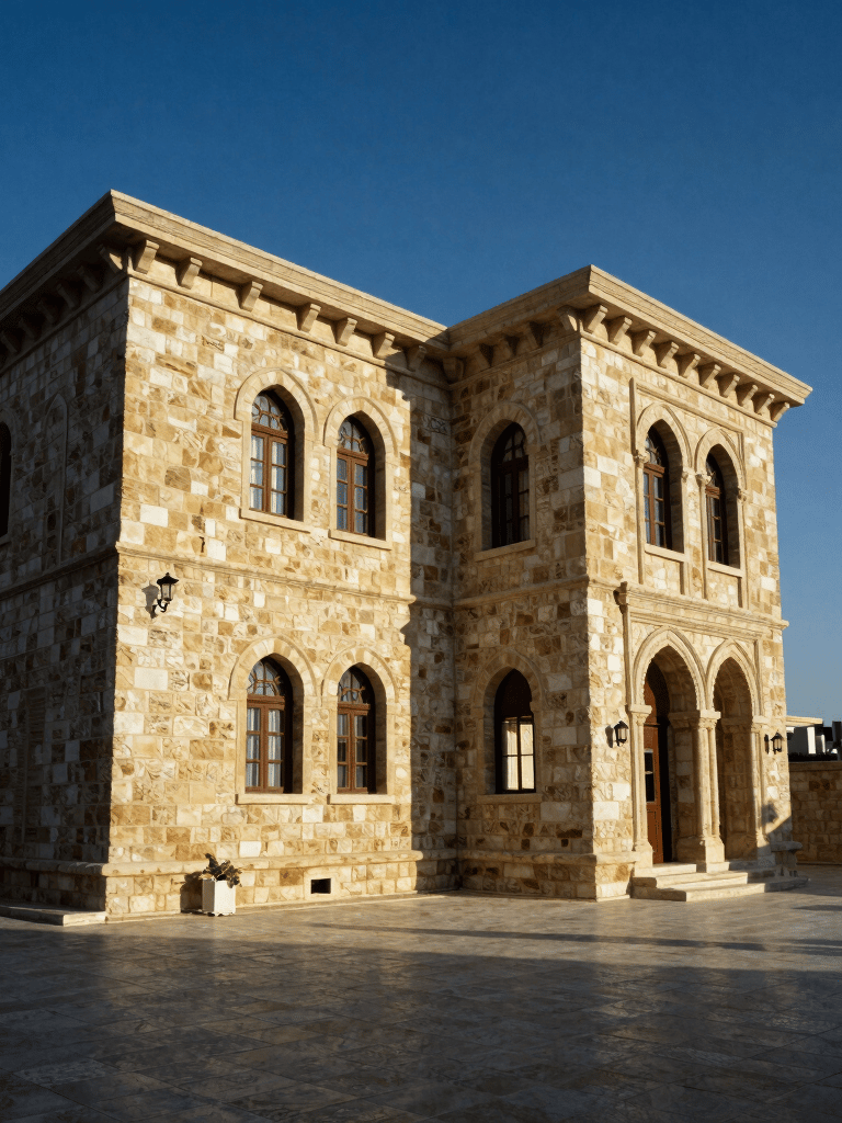 Wide-angle architectural photograph of traditional Lebanese stone villa in Beirut, high-contrast afternoon sunlight casting sharp geometric shadows, negative space on the right.