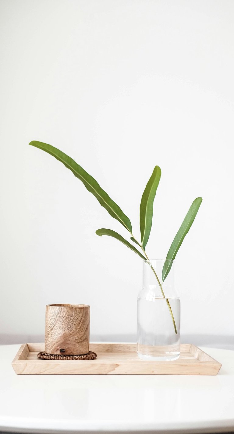 Un plateau en bois avec dessus un verre en bois et un vase rempli d'eau et d'une branche verte