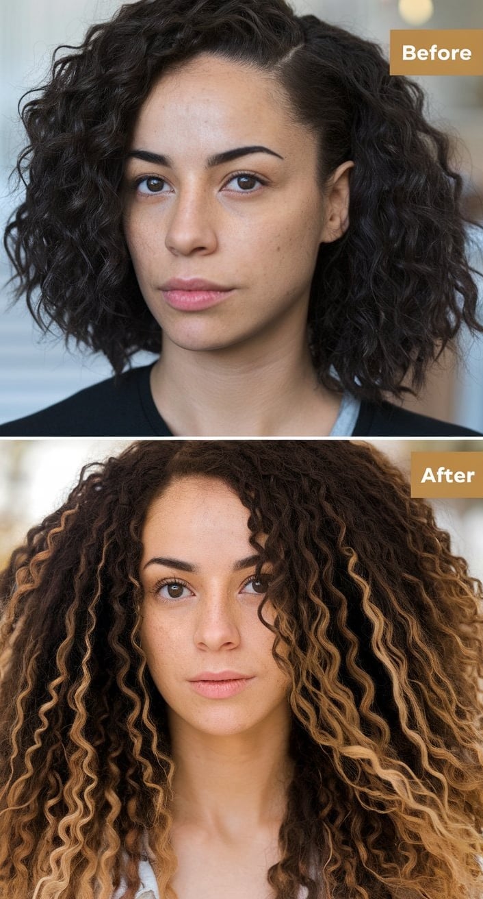 A side-by-side comparison of natural hair length before and after consistent use of protective styles, highlighting visible g
