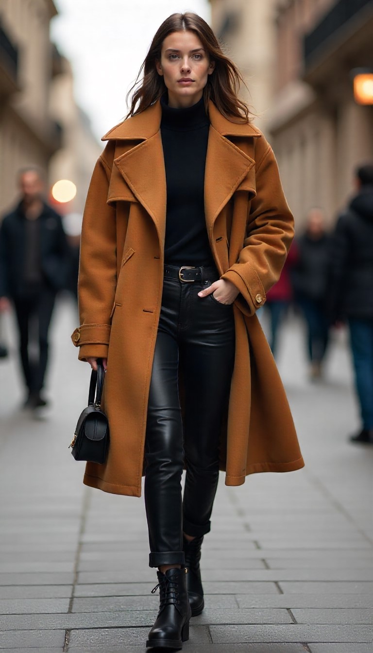 a woman in a black top and leather pants