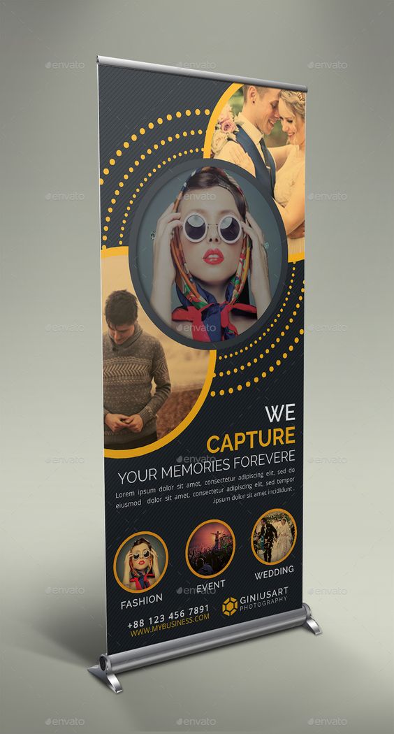 Stylish photography service banner with vibrant design and contact info.