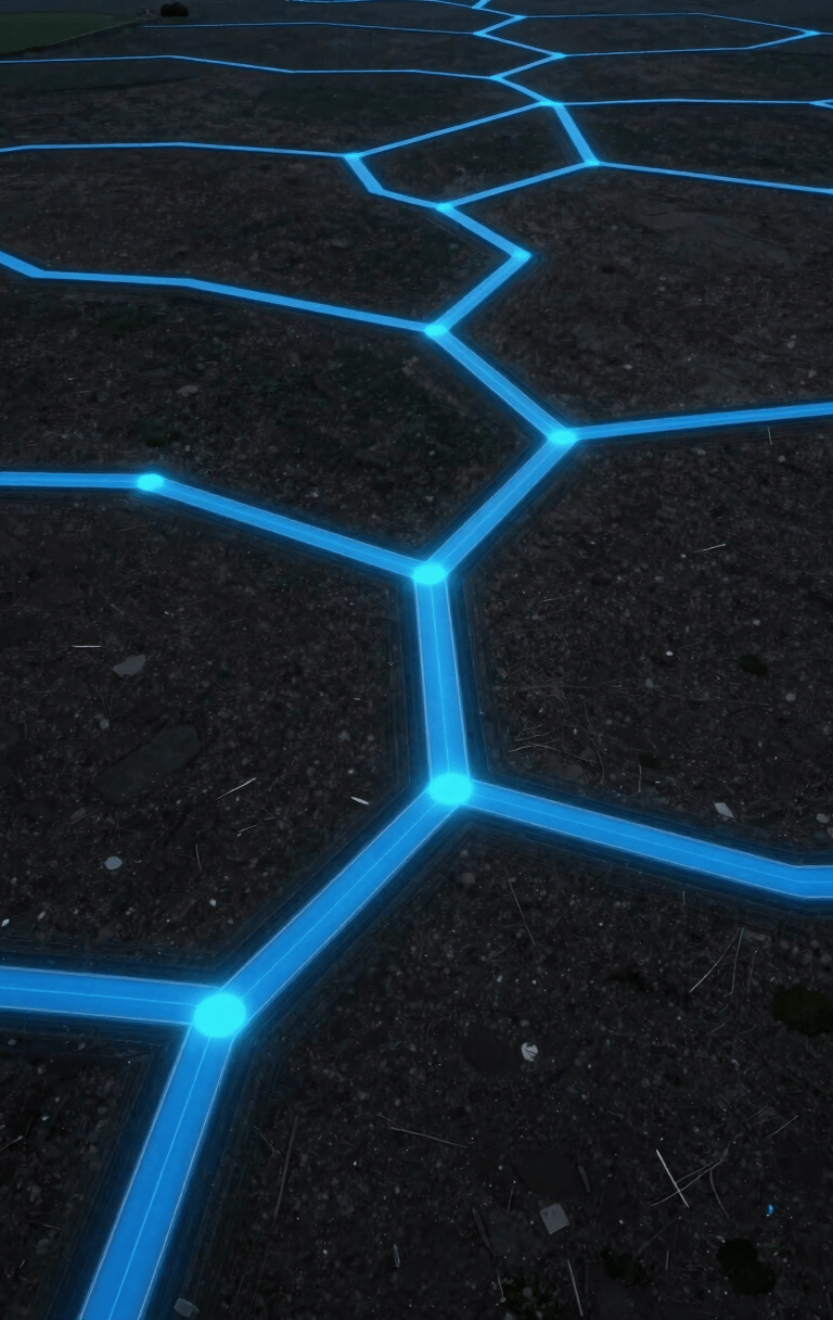 Wide environmental shot of a clean data flow visualization — luminous blue pathways branching across a dark field, geometric and structured, overhead framing, no hardware, no people, cool precise lighting with faint cyan glow at junction points