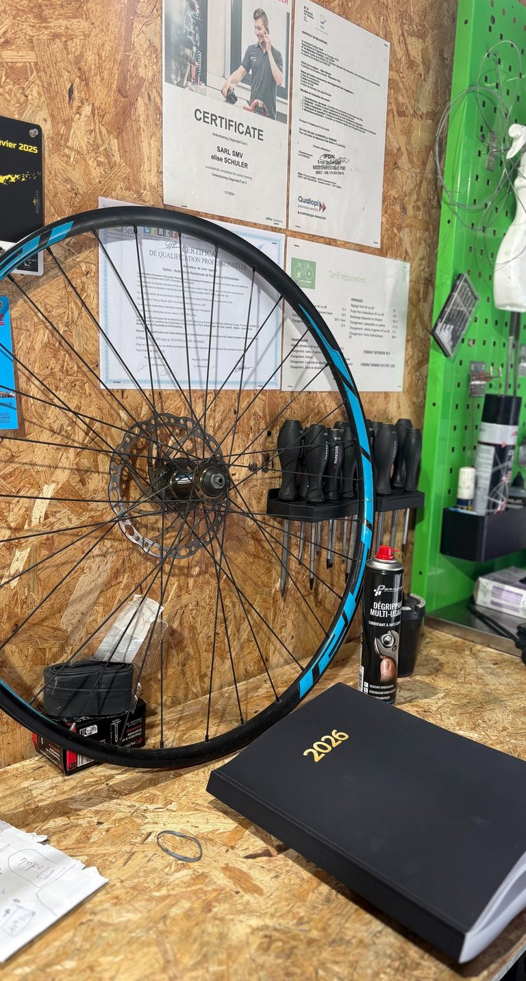 Mountain bike wheel with blue rim tape on a wooden workbench in a bicycle repair shop.