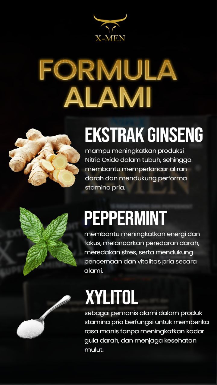 bahan utama permen xmen atau permen x-men yang mengandung ekstrak ginseng untuk stamina, peppermint 