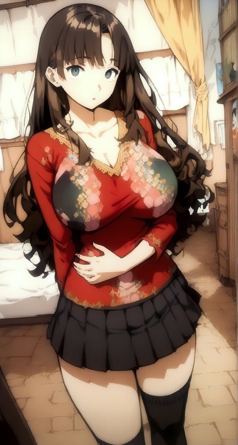 Anime girl in a gorgeous pose wearing a red top, black skirt, thigh-highs, and long dark hair – SimcaArt gallery full-size..
