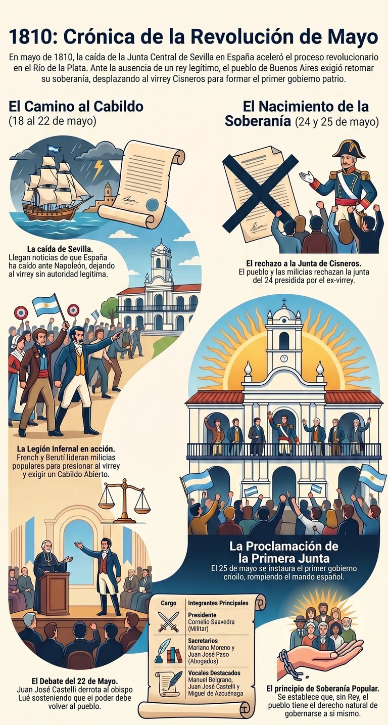 Educational infographic about the 1810 May Revolution in Argentina showing the Primera Junta and Cabildo events.