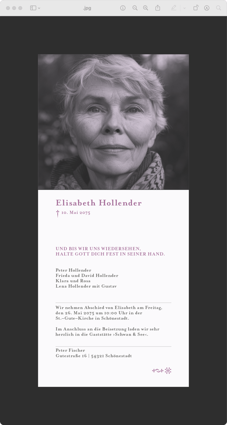 Digitale Trauerkarte mit Textbeispiel und Foto des verstorbenen Menschen in ästhetischer Farbgebung