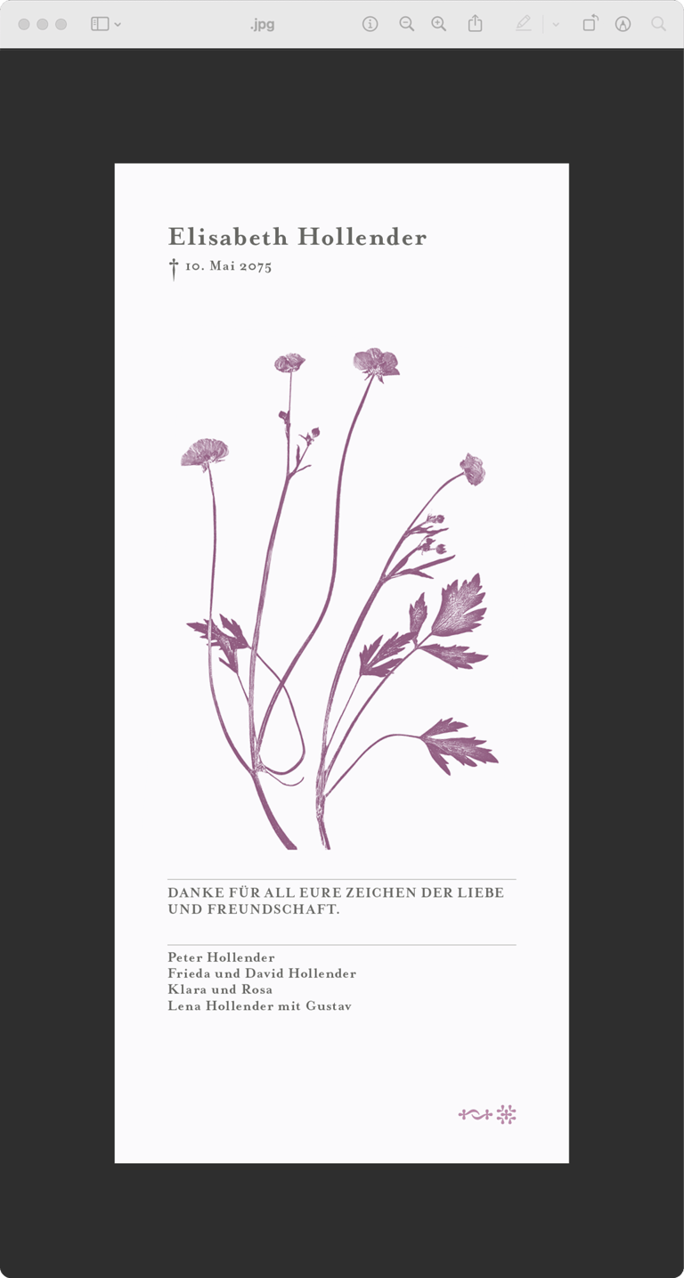 Digitale Dankkarte mit korrespondierendem Blumenmotiv, zarte Farben