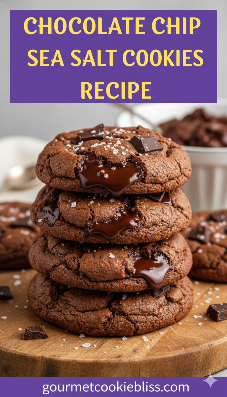 A stack of four fudgy double chocolate chunk cookies with melted chocolate oozing out.
