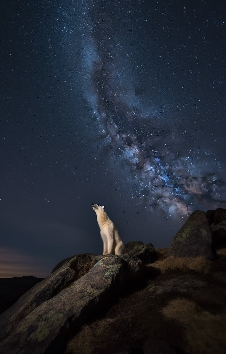 A polar bear standing on a rock night looking to the cosmos.