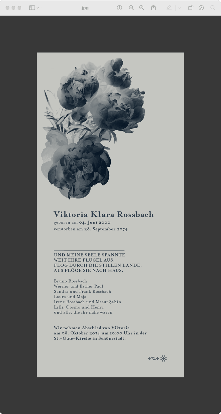 Digitale Trauerkarte mit Blütenmotiv in gedeckten Farben