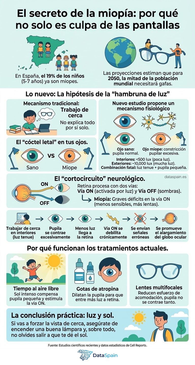 Infografía de la Miopía y "Hambruna de Luz": Por qué las pantallas no son la única causa