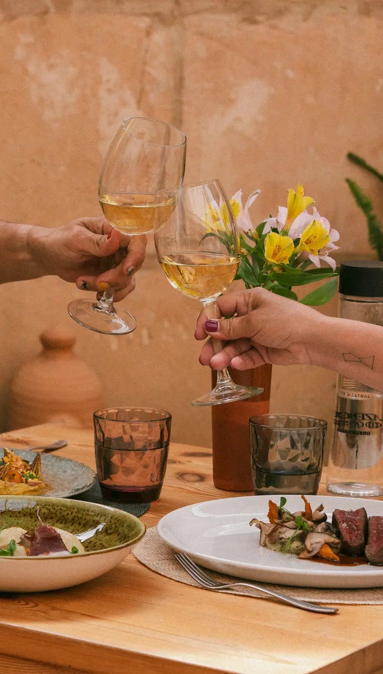 Copas de vino blanco, solomillo con guarnición, alcachofas con jamón y chips y pescado del día servido en Es Mestral.