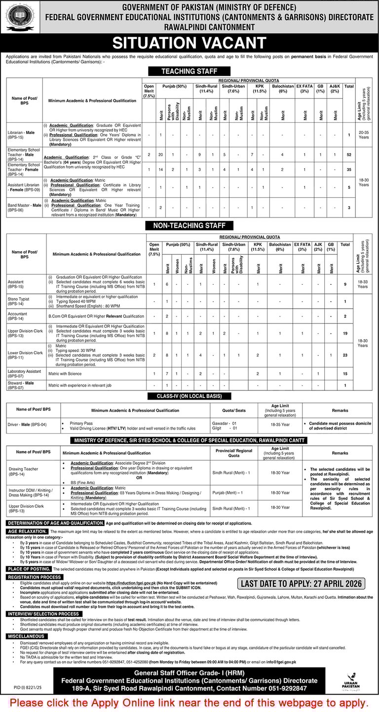 Cantt and Garrison FGEI jobs April 2026 apply online for male and female teachers