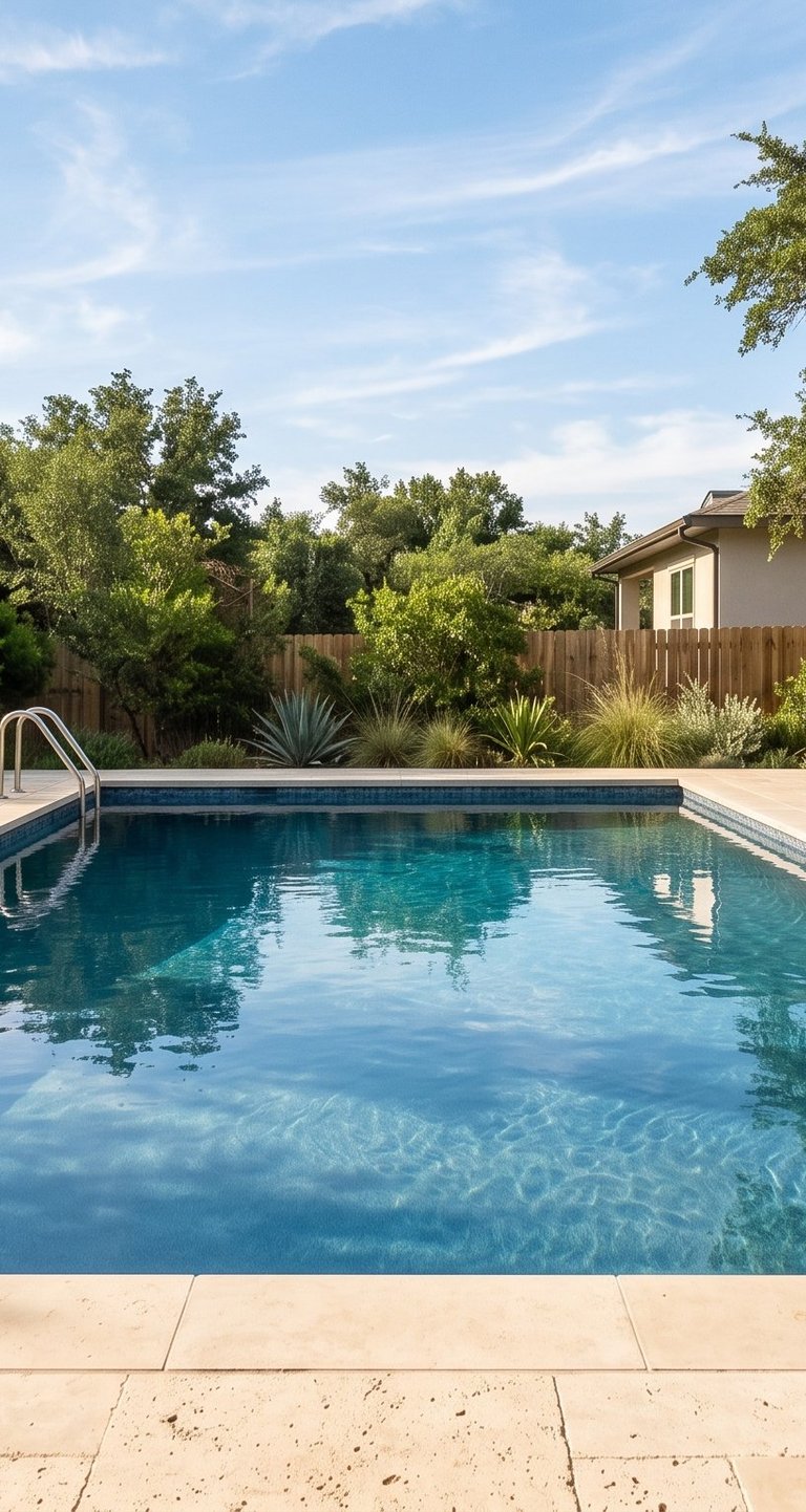 Clean backyard pool with lounge chairs in a Round Rock Texas neighborhood