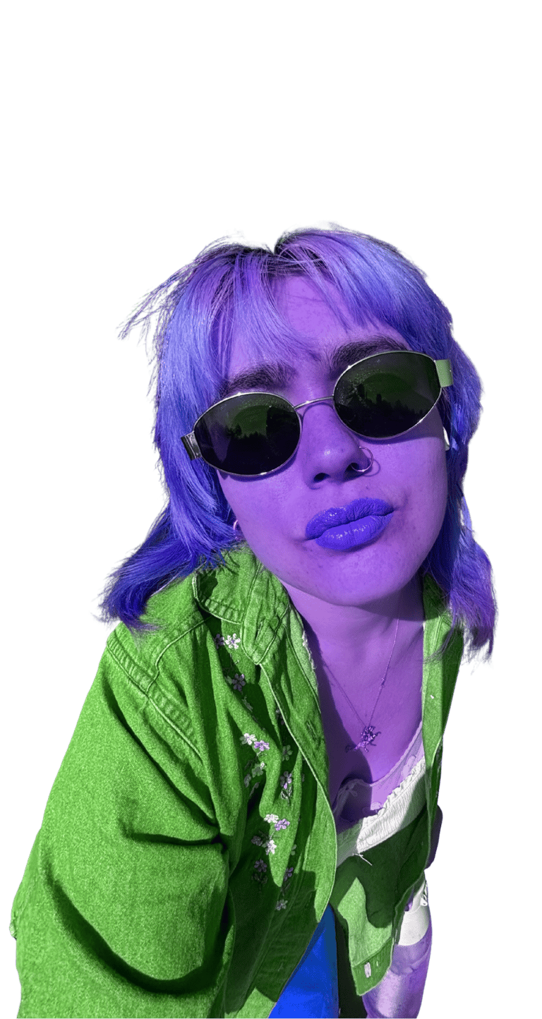 a woman with blue hair and sunglasses on a black background