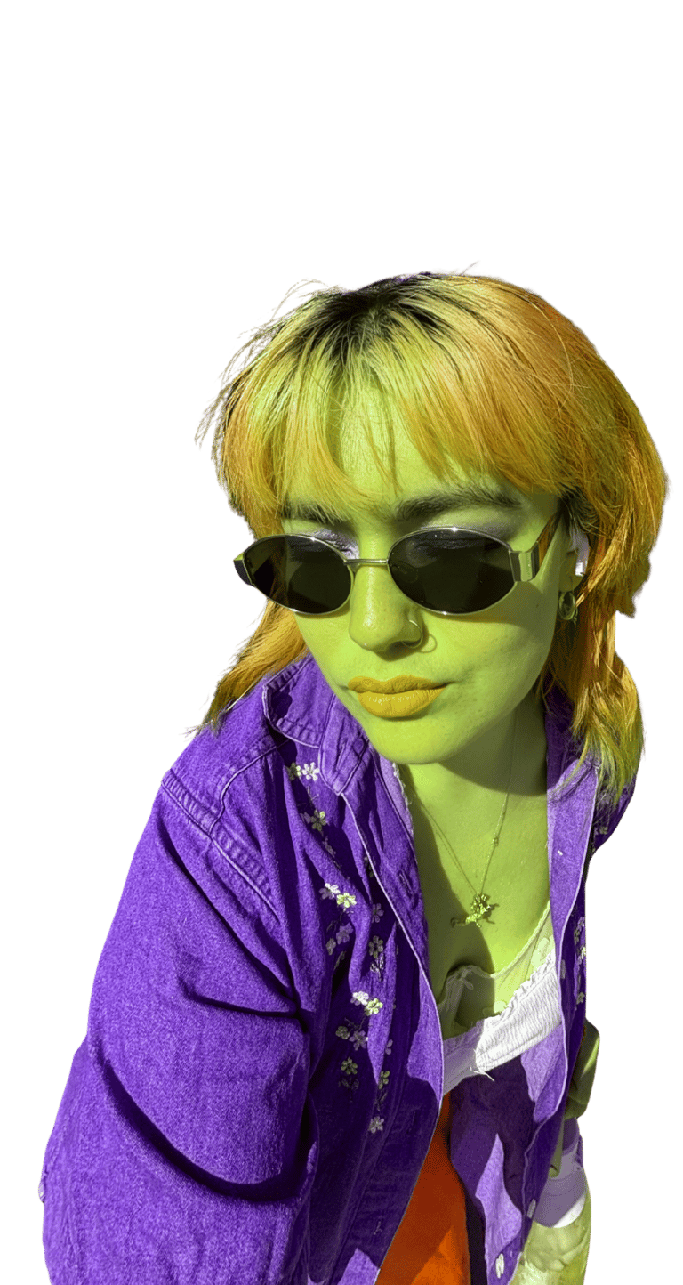 a woman with a purple jacket and sunglasses