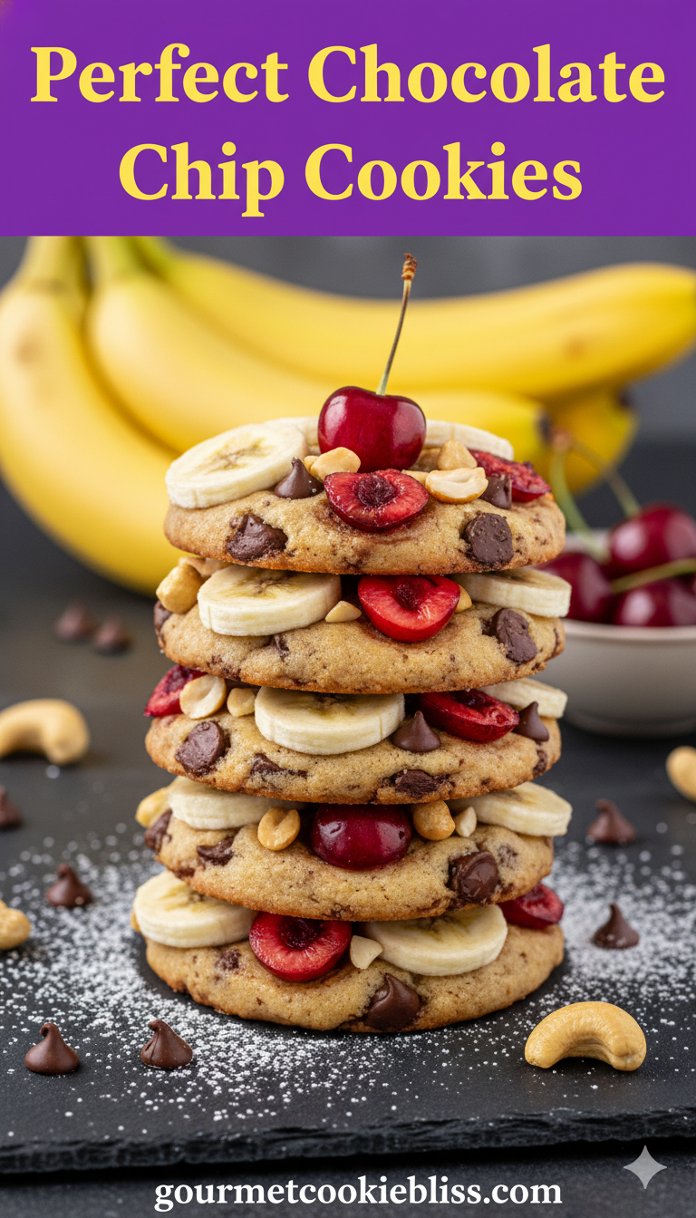 A high stack of thin, decadent chocolate chip banana cookies, layered with sliced bananas, cherries.
