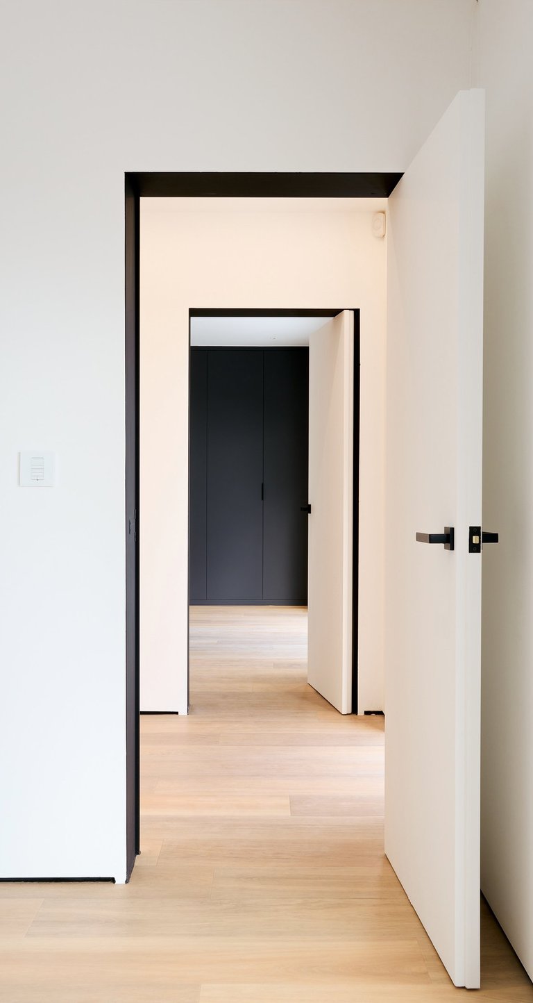 Modern minimalist interior with framless white doors and shadow gap skirting.