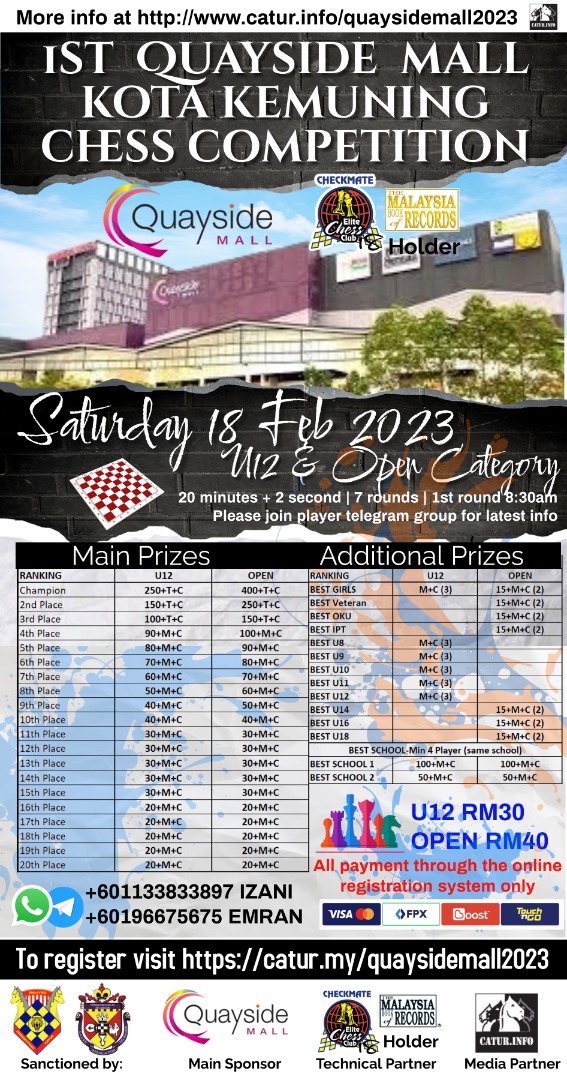 Quayside Mall Kota Kemuning Chess Tournament. Chess Malaysia. Malaysia Chess 2023. 