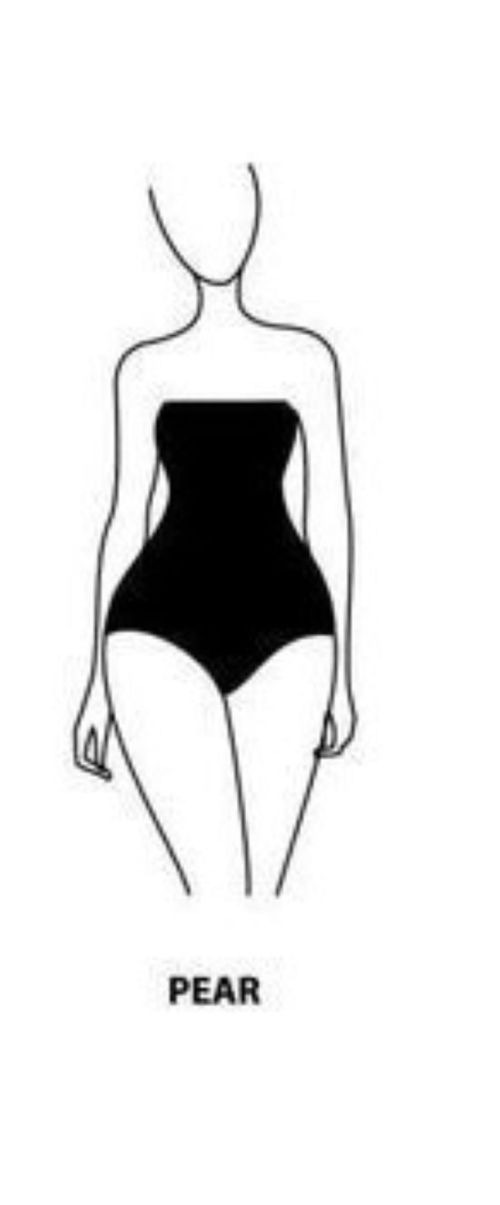 Black and white illustration of a pear-shaped body in a full swimsuit.