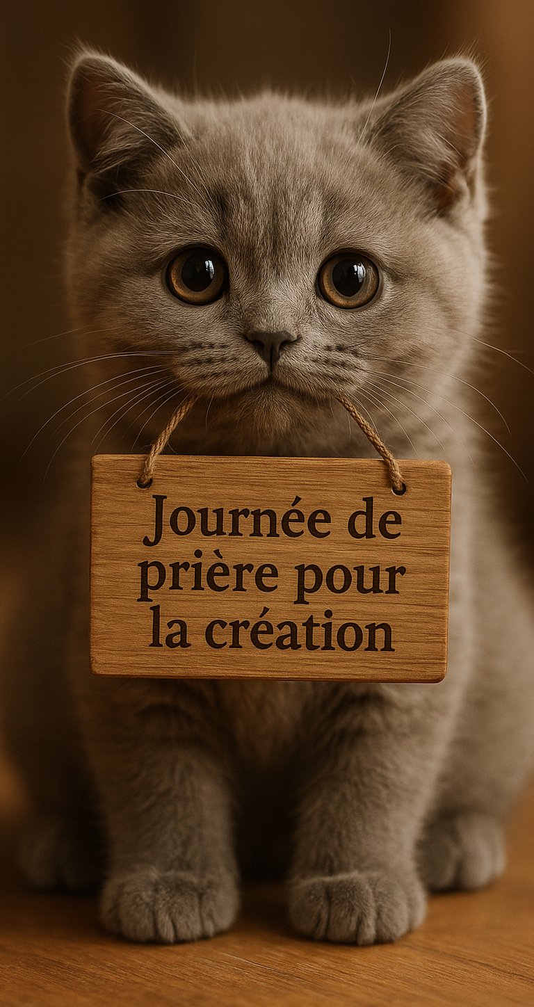 Un petit chat tient un panneau "Journée de prière pour la création - Illustration Journée mondiale