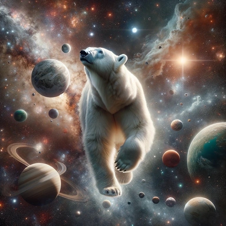 A polar bear in the middle of a galaxy