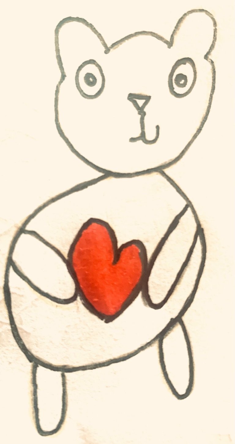 a drawing of a bear cubby holding a heart