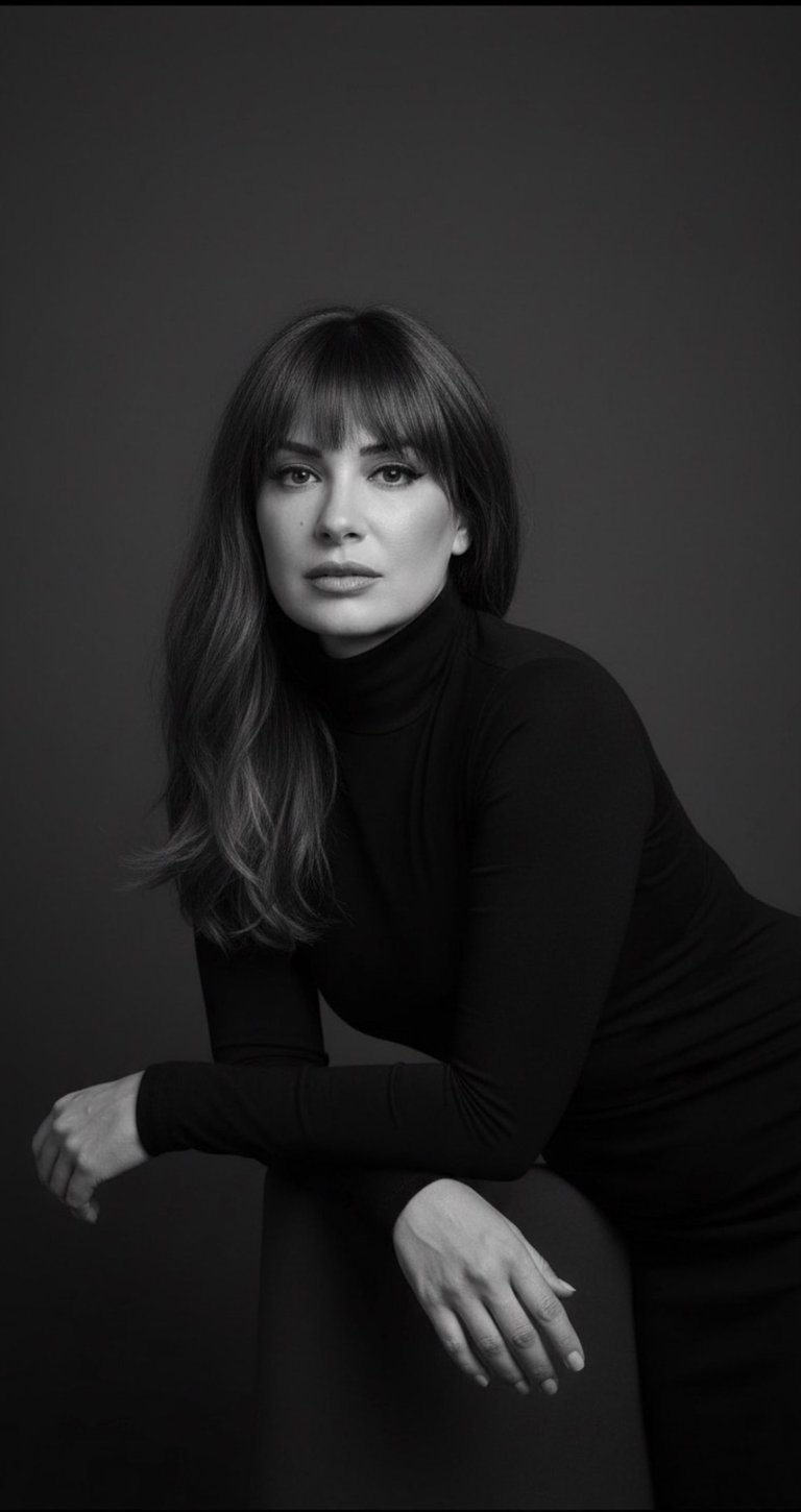 Black and white portrait of a woman with bangs wearing a black turtleneck sweater in a studio.
