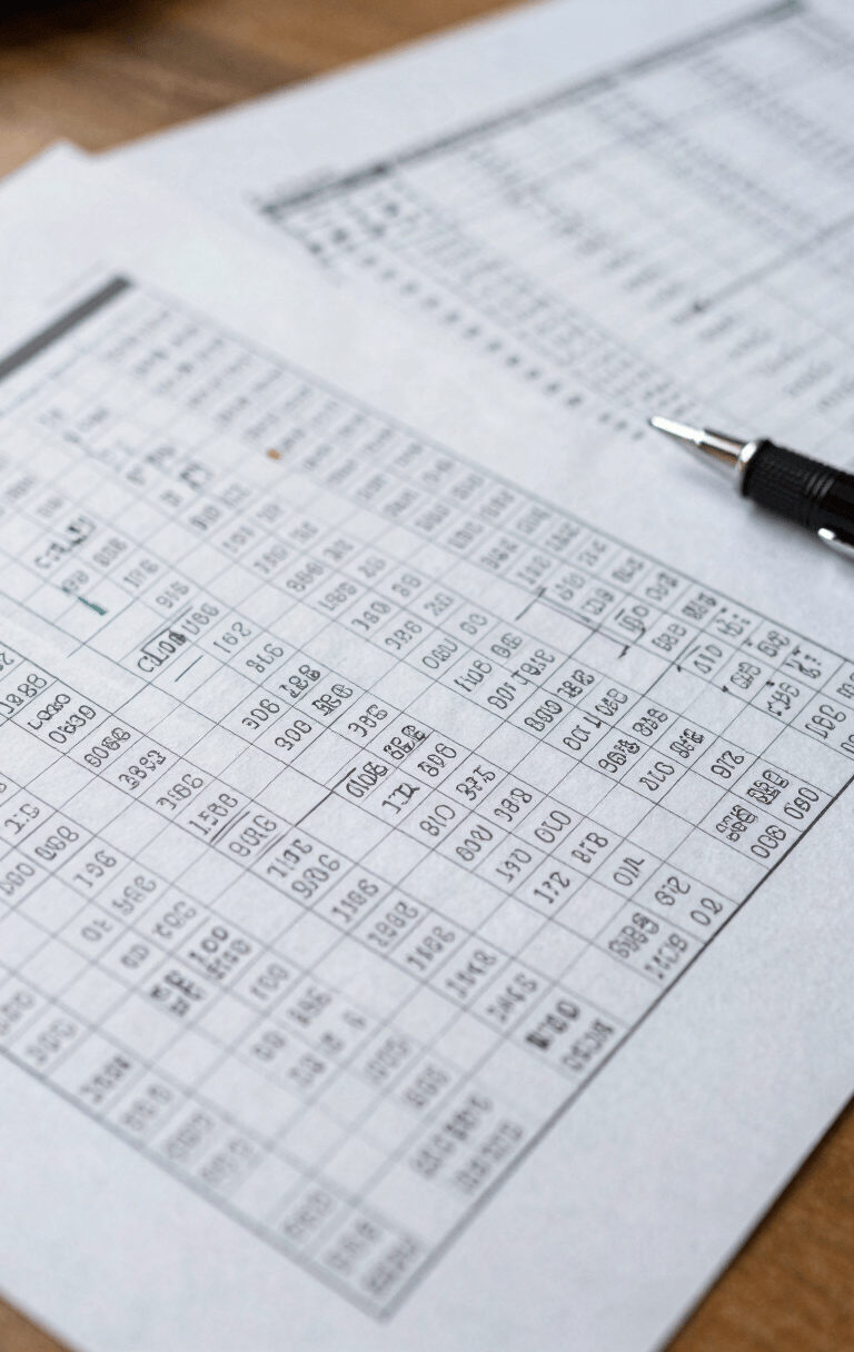 Close-up of financial data printouts and ledger pages spread on a wooden desk, natural overcast daylight, columns of figures partially annotated in pen, no people visible