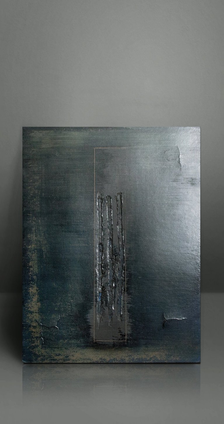 Minimalist dark blue textured abstract canvas painting with metallic vertical elements on a grey background.