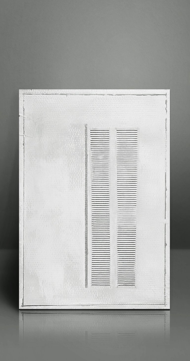 Minimalist white abstract relief sculpture with vertical textured lines on a monochromatic background.