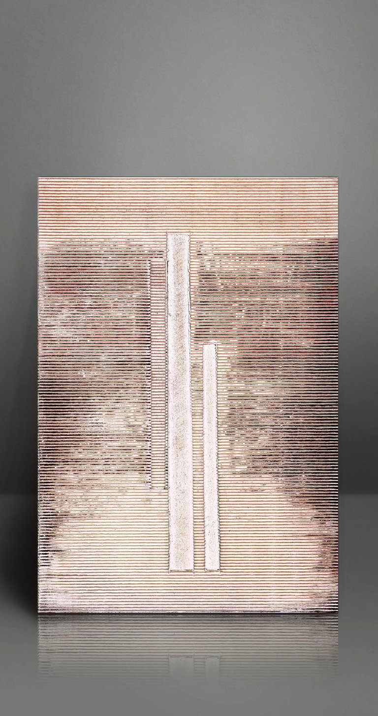 Textured abstract art with horizontal lines and vertical bars in neutral earthy tones.