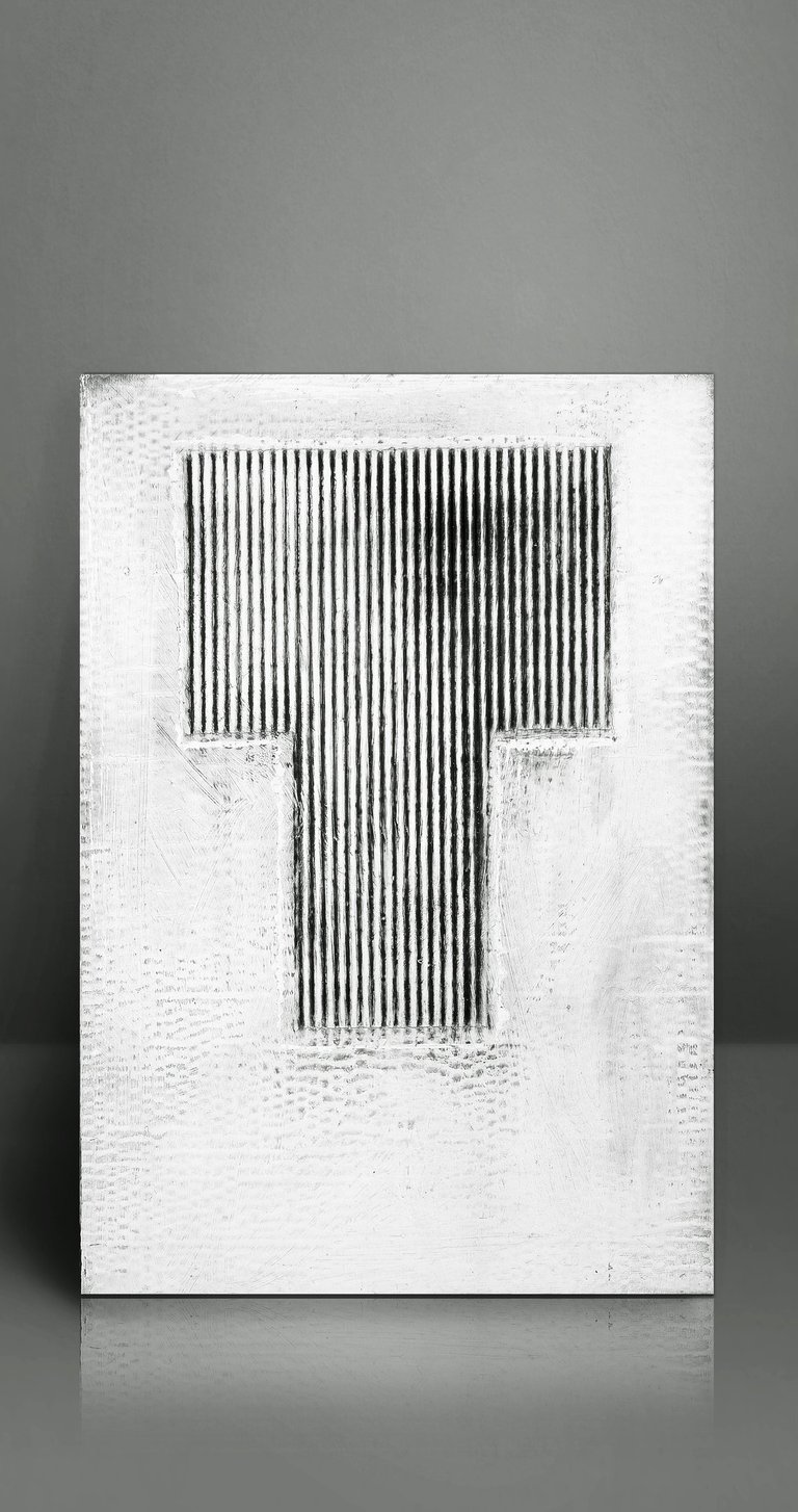Textured black and white abstract painting featuring vertical lines in a T-shape on a white canvas.
